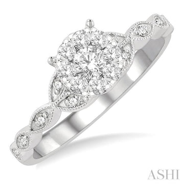 1/3 Ctw Marquise Shank Circular Lovebright Round Cut Diamond Engagement Ring in 14K White Gold